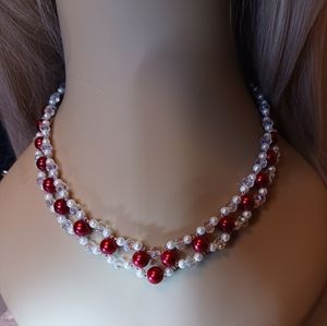 New, Pearl & Crystal Necklace, Red, white & clear beads, 18.5 inch silver clasp